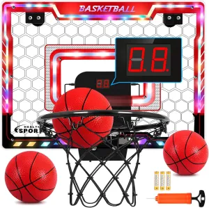 AOKESI Mini Basketball Hoop Indoor with Scorer and Batteries|Inside Basketball Hoop Over The Door with Colorful LED Lighting|Toy Basketball Gifts for Boys Girls Teens Adults, Red