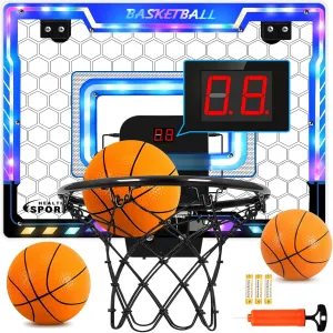 AOKESI Mini Basketball Hoop Indoor with Scorer and Batteries|Inside Basketball Hoop Over The Door with Colorful LED Lighting|Toy Basketball Gifts for Boys Girls Teens Adults