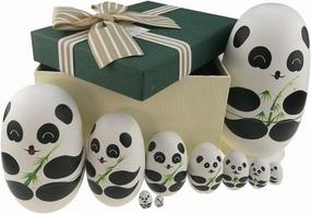 Apol Cute Panda with Bamboo Egg Shape Handmade Wooden Russian Nesting Dolls Matryoshka Doll Set 10 Pieces in a Box with Bow for Home Decoration Kids Toy Christmas Birthday Easter Gift