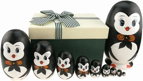 Apol Lovely Penguin with Bowtie Egg Shape Handmade Wooden Russian Nesting Dolls Matryoshka Doll Set 10 Pieces in a Box with Bow for Home Decoration Kids Toy Birthday Christmas Easter Gift
