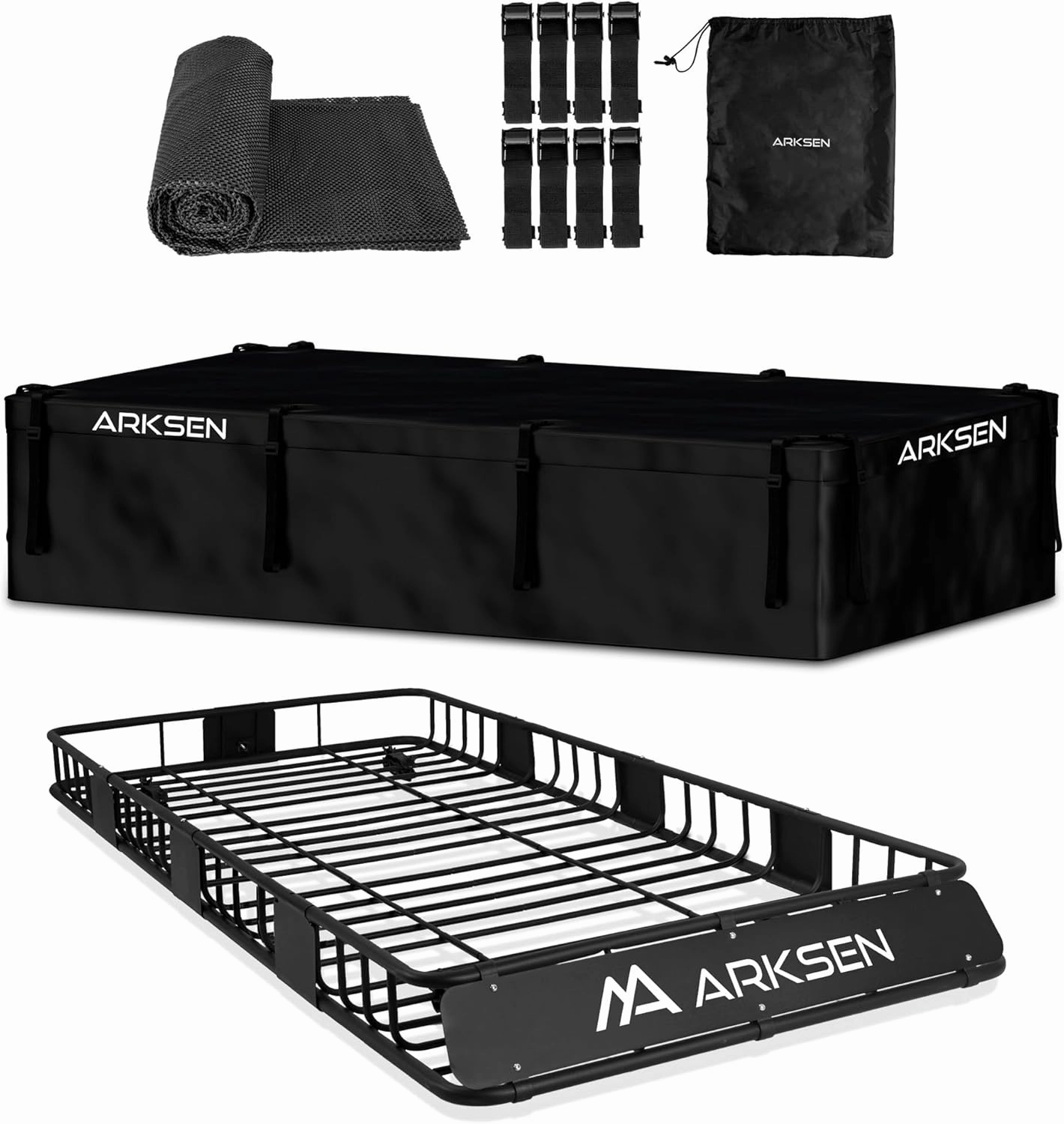 ARKSEN 84 x 39 x 6 Inch Universal 250LB Heavy Duty Roof Rack Cargo with 500D PVC Waterproof Cargo Bag, Top Luggage Holder Carrier Basket with Extension for SUV, Truck, & Car Steel Construction