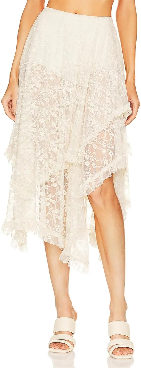 Arssm Women Long Lace Skirts Elastic Asymmetrical Layered Sexy See-Through Beach Floral Maxi Sheer Skirts
