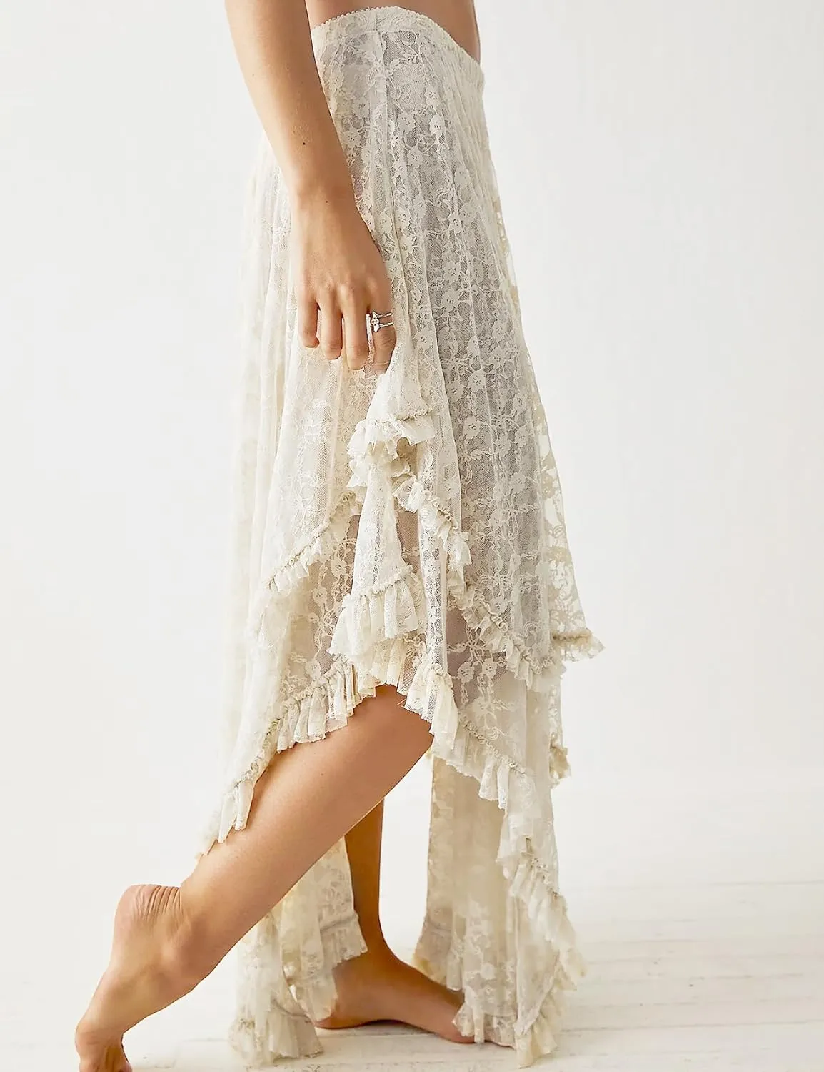 Arssm Women Long Lace Skirts Elastic Asymmetrical Layered Sexy See-Through Beach Floral Maxi Sheer Skirts