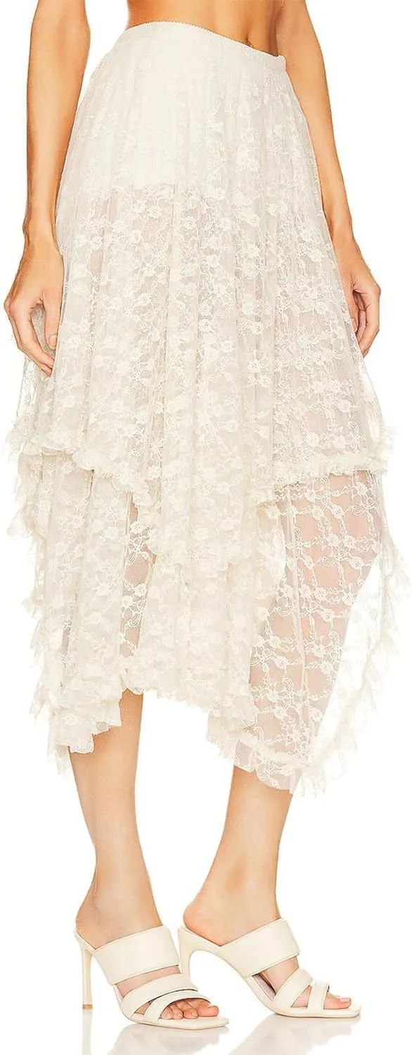 Arssm Women Long Lace Skirts Elastic Asymmetrical Layered Sexy See-Through Beach Floral Maxi Sheer Skirts