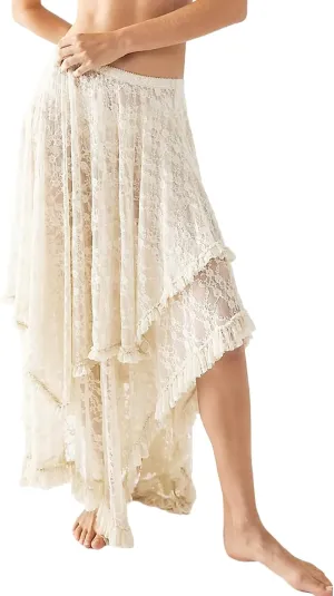 Arssm Women Long Lace Skirts Elastic Asymmetrical Layered Sexy See-Through Beach Floral Maxi Sheer Skirts