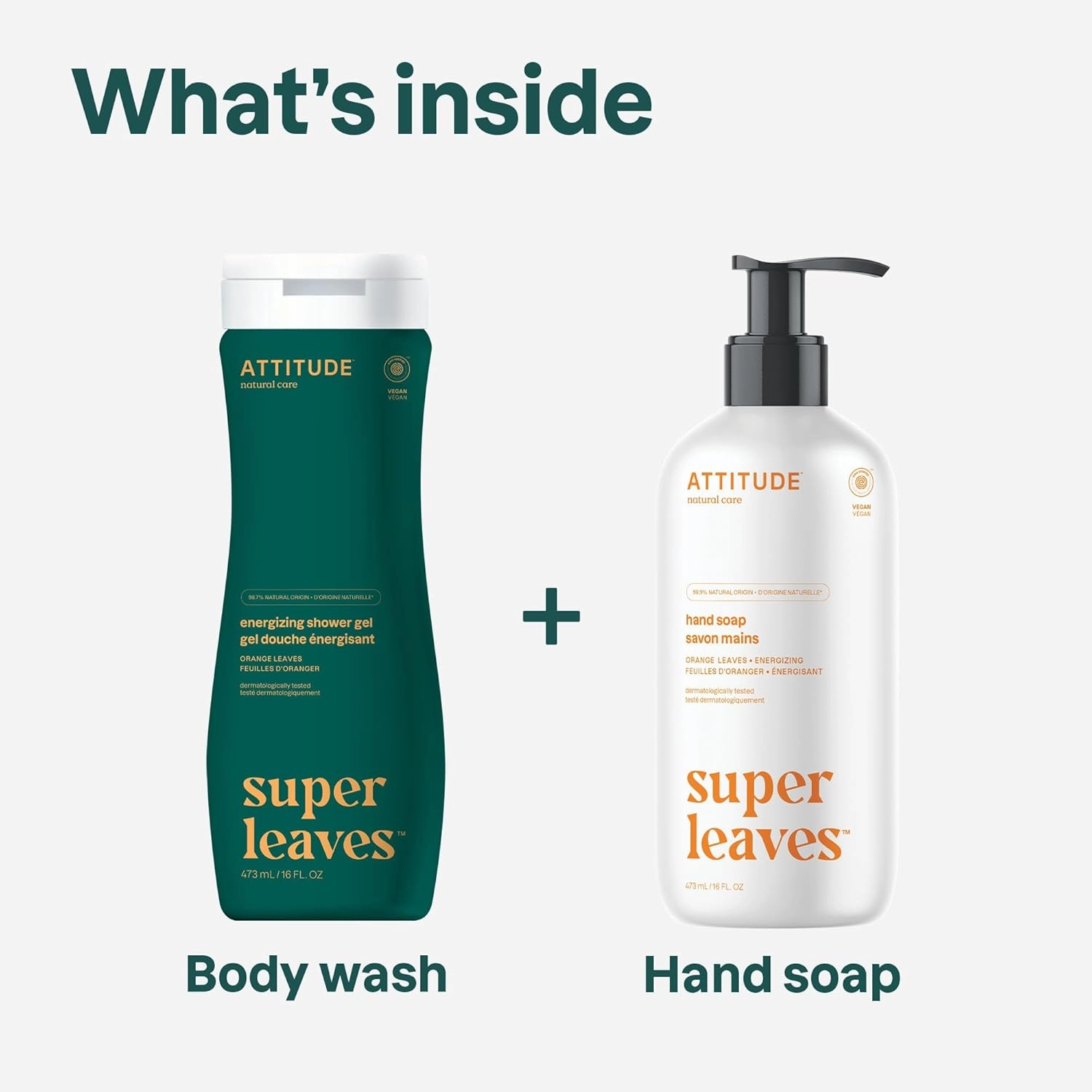ATTITUDE Body Wash and Hand Soap Set, EWG Verified, Vegan Energizing Duo, Dermatologically Tested Shower Gel and Personal Care Products, Orange Leaves, 16 Fl Oz each
