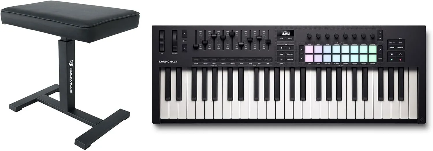 Audiosavings Bundle: Novation LAUNCHKEY 49 MK4 49-Key USB MIDI Ableton Live Keyboard Controller Bundle with Rockville AIR-BENCH Keyboard/Piano Bench Chair Hydraulic Air Lift Comfy Padding (2 Items)