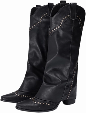 AUNTHUI Women'S Leather Mid Calf Western Cowboy Boots,Side Zipper Winter Warm Fashion Rivet Chunky Heel Retro Knight Boots