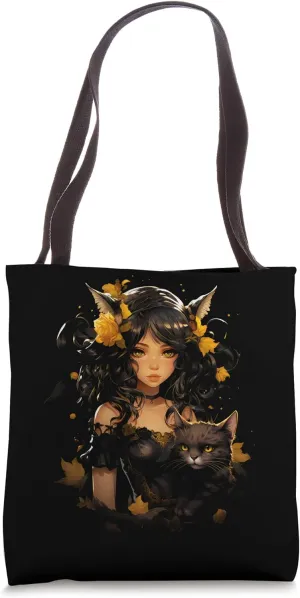Autumn Enchantress: Floral Fairy Portrayal With Her Cute Cat Tote Bag