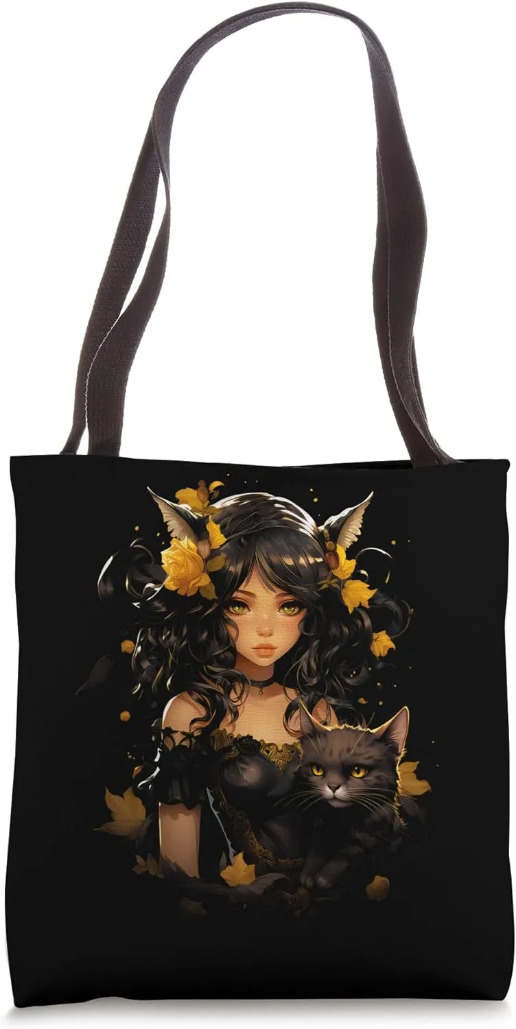 Autumn Enchantress: Floral Fairy Portrayal With Her Cute Cat Tote Bag