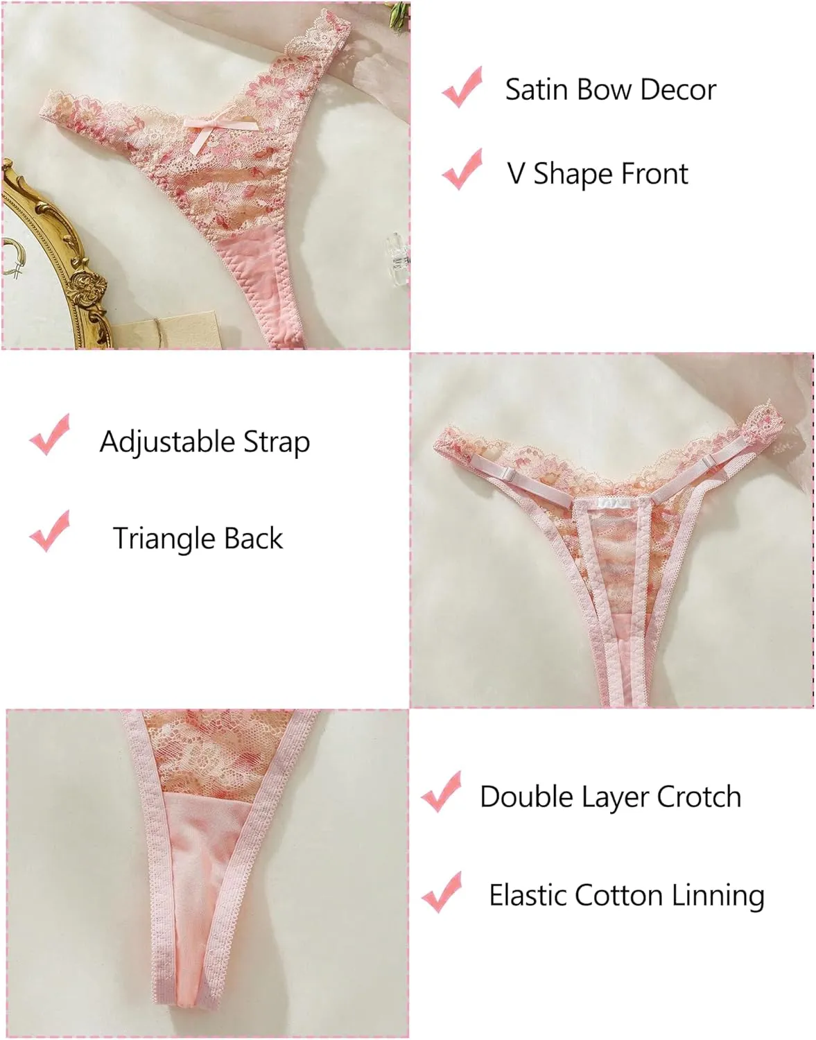 Avidlove Women Sexy Underwear Lace G-string Exotic Lingerie Panties V-Shape Cheeky Tangas with Bow Decor