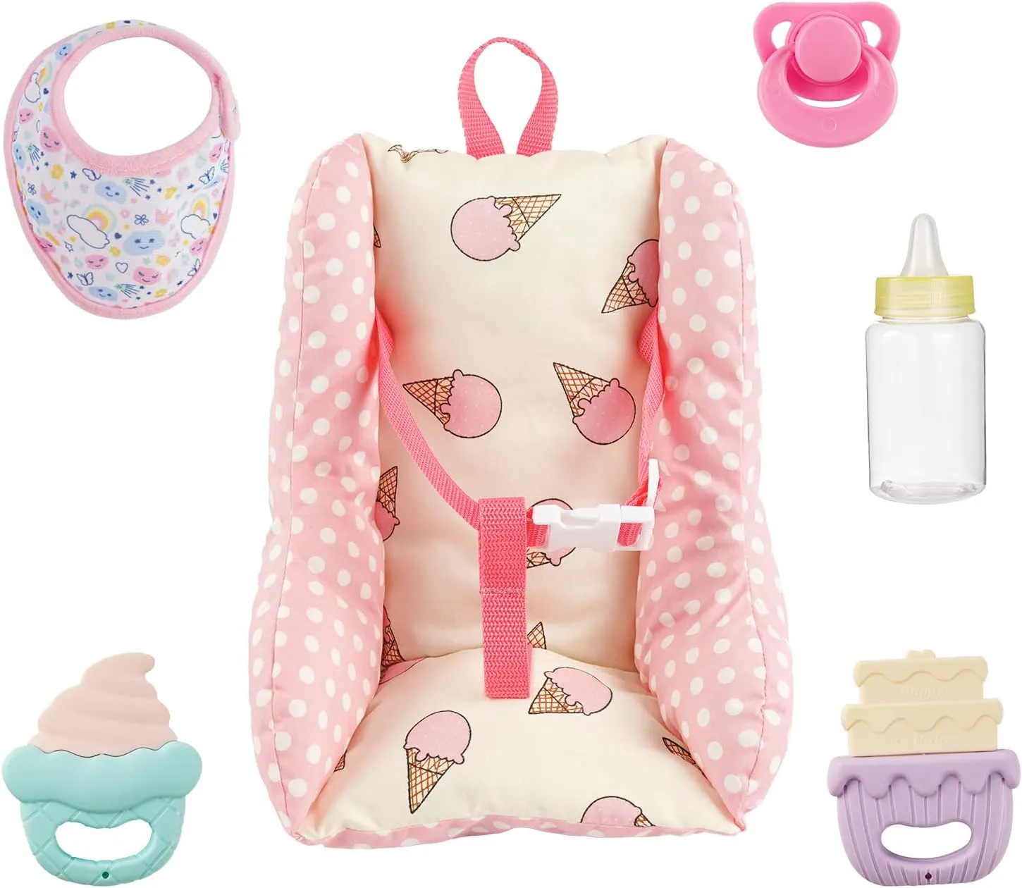 BABESIDE Baby Doll Car Seat, Doll Carrier Toy, Baby Doll Accessories with Bib, Rattle, Doll Bottle Feeding Set for 10-12 Inch Dolls