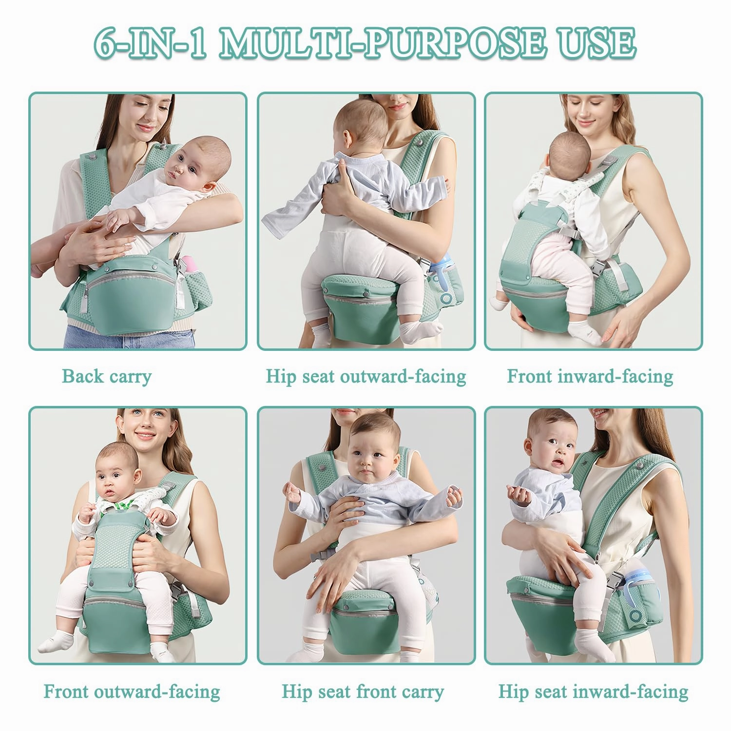 Baby Carrier with Hip Seat for Newborn to Toddler, 6-in-1 Ergonomic Infant Carrier for 0-36 Month Baby, All Positions Soft Breathable Mesh Wrap Carrier with Waist Stool, Easily Adjustable Baby Holder