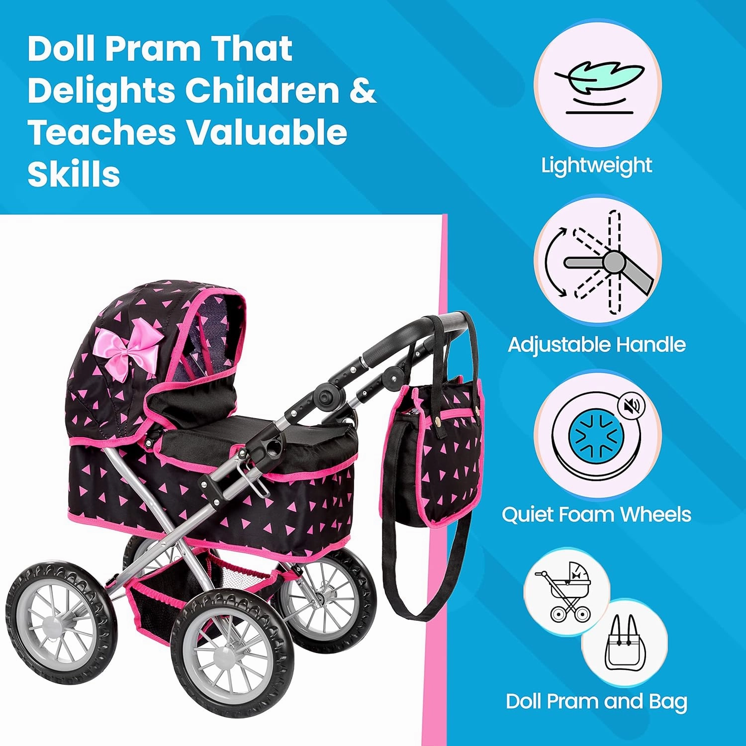 Baby Doll Stroller | Baby Doll Pram | Baby Doll Carriage - Stroller for Baby Dolls with Adjustable Handle (12.99-24.80 inches) | Babydoll Reborn Strollers | Model KP0261R