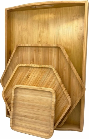 Bamboo Serving Trays Cutting Boards 16.5"x11.8"（42x30cm with Handle, Set Includes 0.63"(1.6cm) Thick Plates 1xHexagon 12.5"(32cm) 1xHexagon 9.8"(25cm) 1xSquare 5.9"(15cm) for Family Dinner