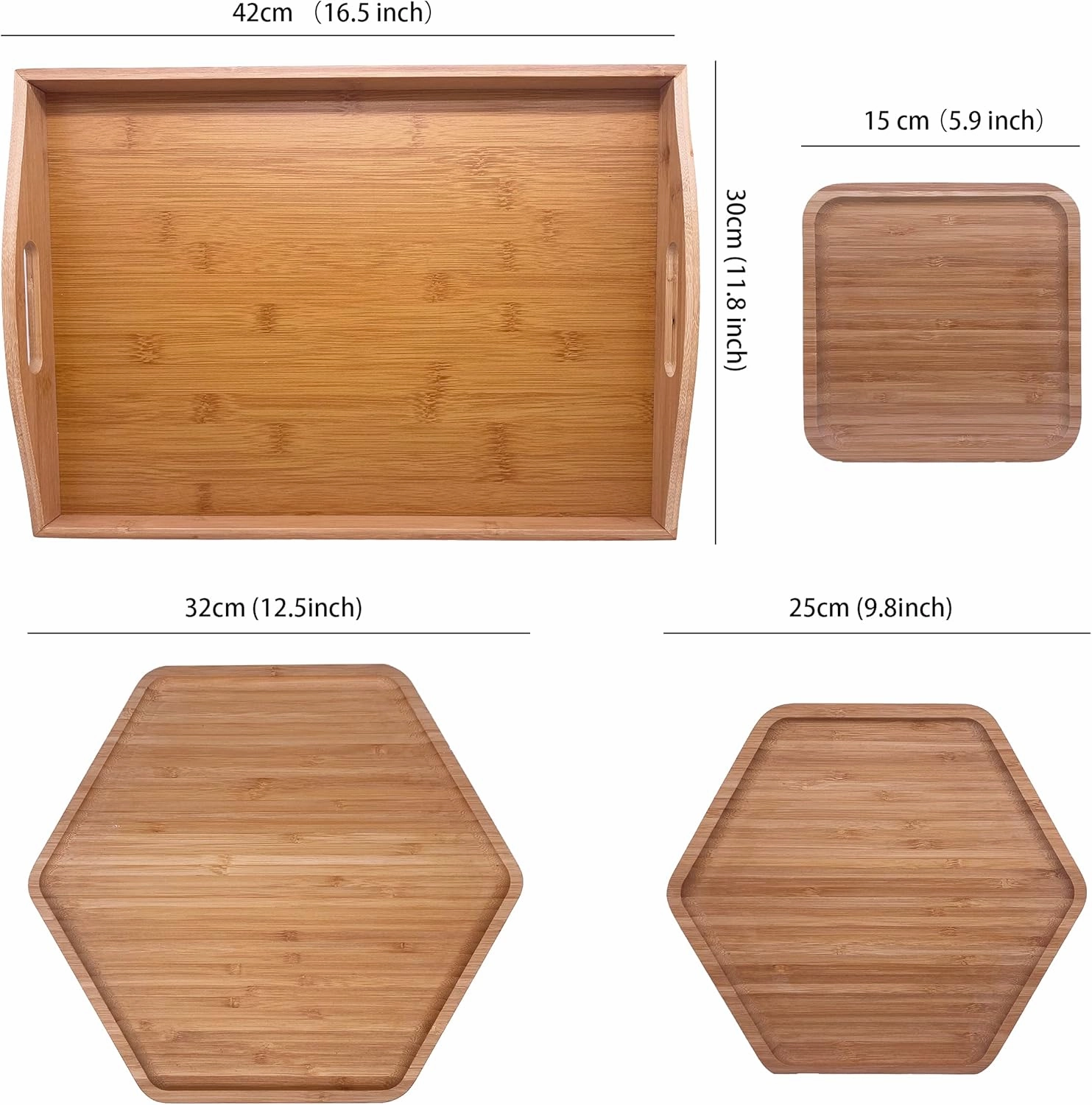 Bamboo Serving Trays Cutting Boards 16.5"x11.8"（42x30cm with Handle, Set Includes 0.63"(1.6cm) Thick Plates 1xHexagon 12.5"(32cm) 1xHexagon 9.8"(25cm) 1xSquare 5.9"(15cm) for Family Dinner