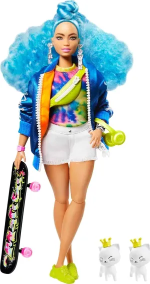 Barbie Extra Doll #4, Curvy, in Zippered Bomber Jacket with 2 Pet Kittens, Extra-Curly Blue Hair, Layered Outfit & Accessories Including Skateboard, Multiple Flexible Joints, For Kids 3 Years Old & Up