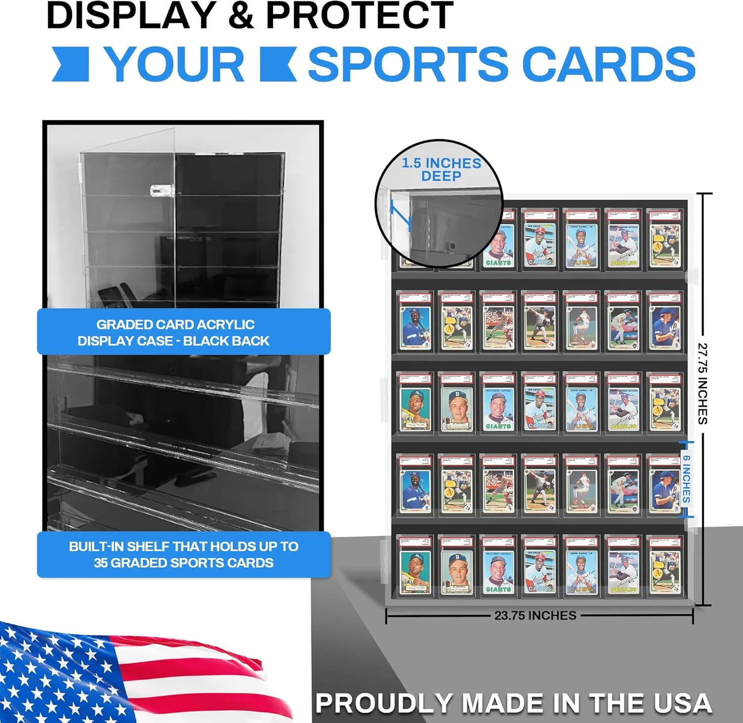 Baseball Card Display Case - 35 PSA Graded Sports Card Display Frame Lockable, Pokemon Card Display for Basketball & Hockey, Trading Card, Fully Acrylic