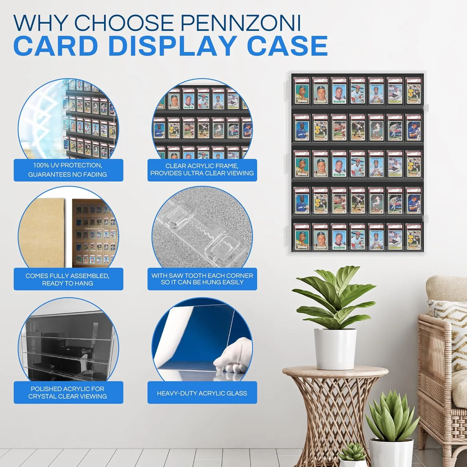 Baseball Card Display Case - 35 PSA Graded Sports Card Display Frame Lockable, Pokemon Card Display for Basketball & Hockey, Trading Card, Fully Acrylic