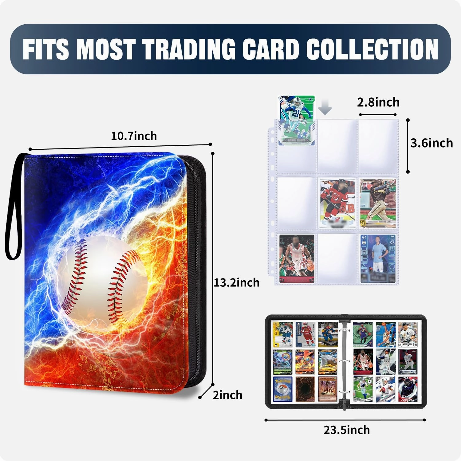 Baseball Card Binder 9 Pocket Fits 900 Cards, Trading Card Binder Album Display Holder with 50 Removable Sleeves for Hockey, Basketball, Football, Sports, Yugioh, MTG, Games Trading Cards