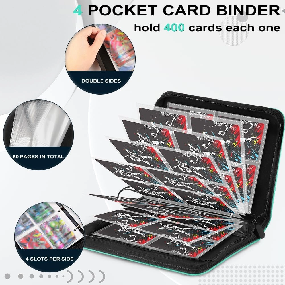 Baseball Card Binder with Sleeves, Sports Card Binder Collectible Trading Card Albums Fits Cards with 50 Removable Sleeves (Green, 400 Pockets)