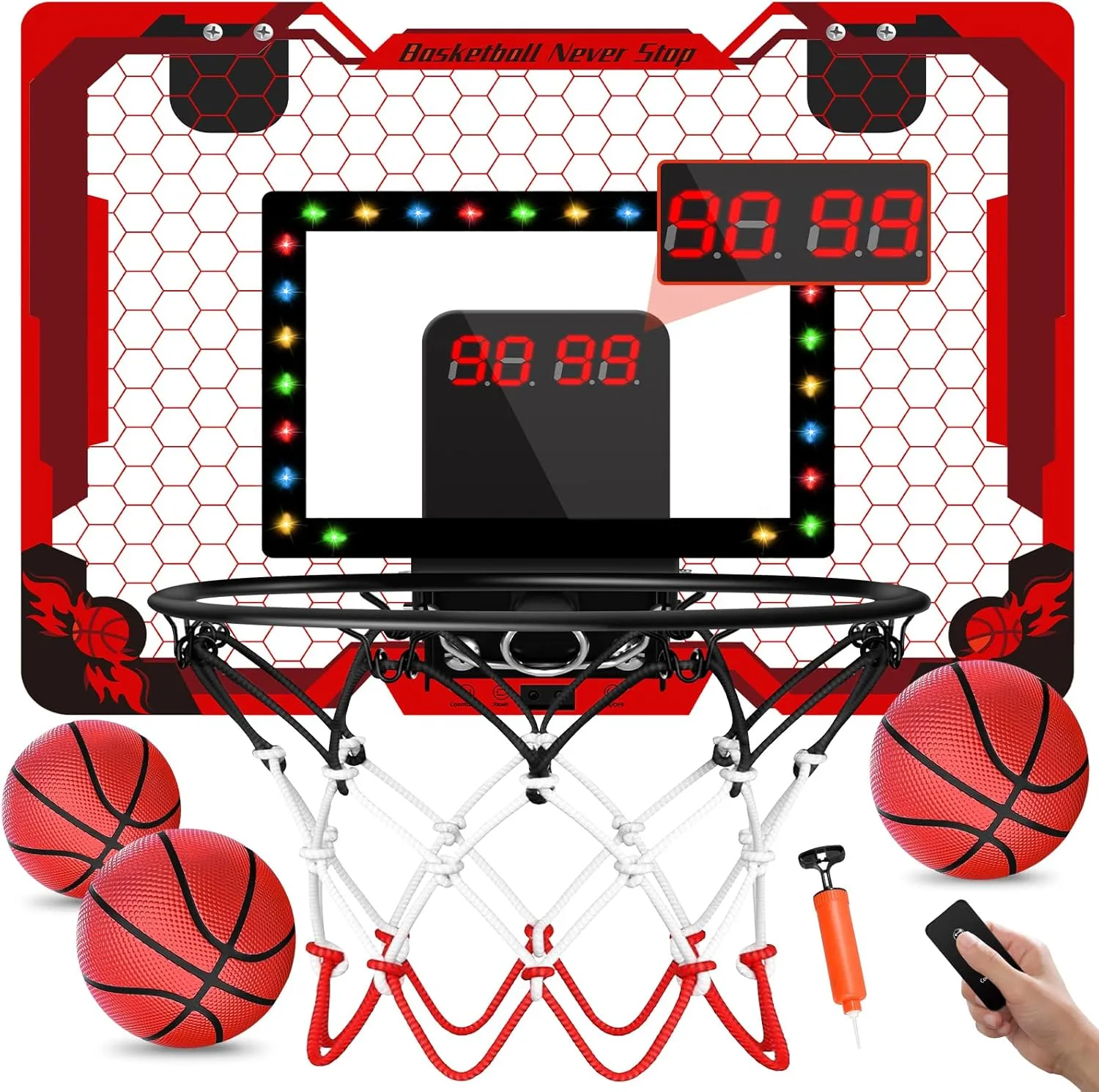 Basketball Hoop Indoor with Electronic Scoreboard & Timer, LED Light Mini Basketball Hoop for Kids, Over The Door Basketball Hoop Indoor, Basketball Gifts Toys for 3-12 Year Old Boys Girls (Red)