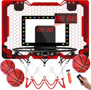 Basketball Hoop Indoor with Electronic Scoreboard & Timer, LED Light Mini Basketball Hoop for Kids, Over The Door Basketball Hoop Indoor, Basketball Gifts Toys for 3-12 Year Old Boys Girls (Red)
