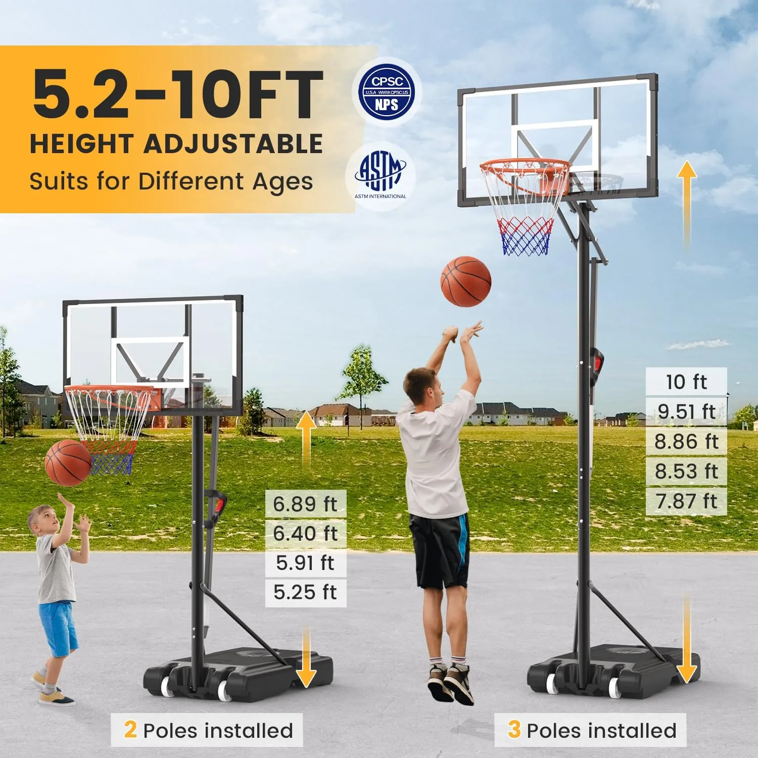 Basketball Hoop Outdoor 10 FT Height Adjustable Basketball Goals Systems Portable with 44" Backboard and Wheels for Youth Adults Kids - Backyard, Driveway, Indoor Play