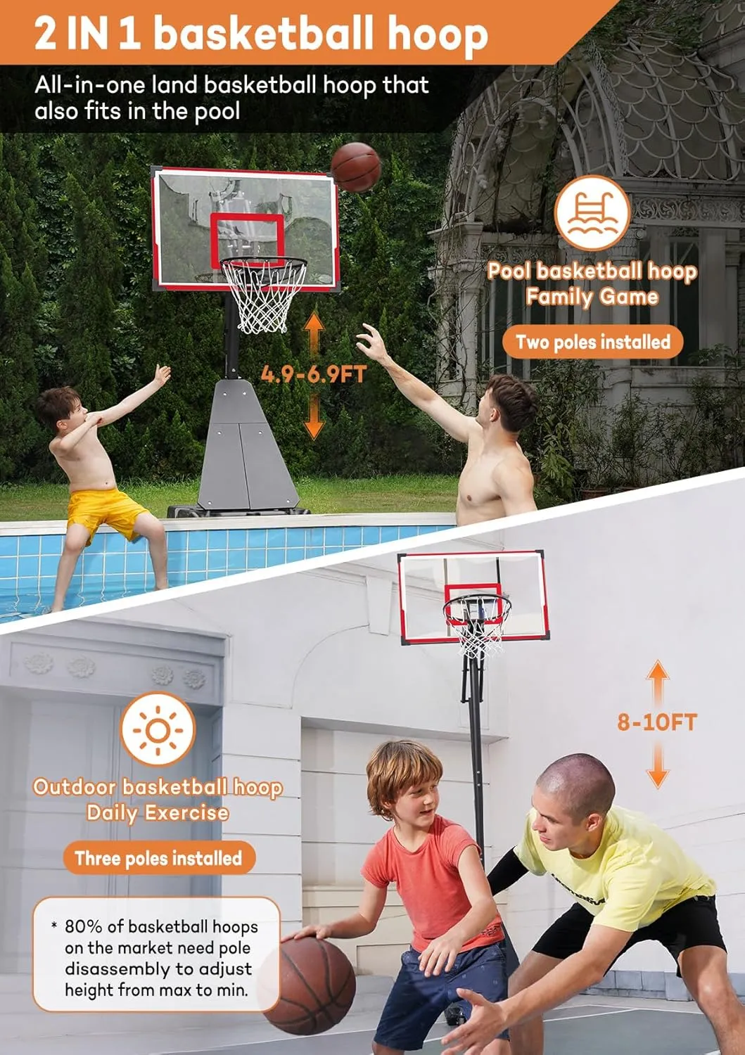 Basketball Hoop Outdoor System with 44 Inch Shatterproof Backboard, 4.8FT-10FT Height Adjustable Basketball Goal System for Youth/Teens/Adults Indoor Outdoor Pool