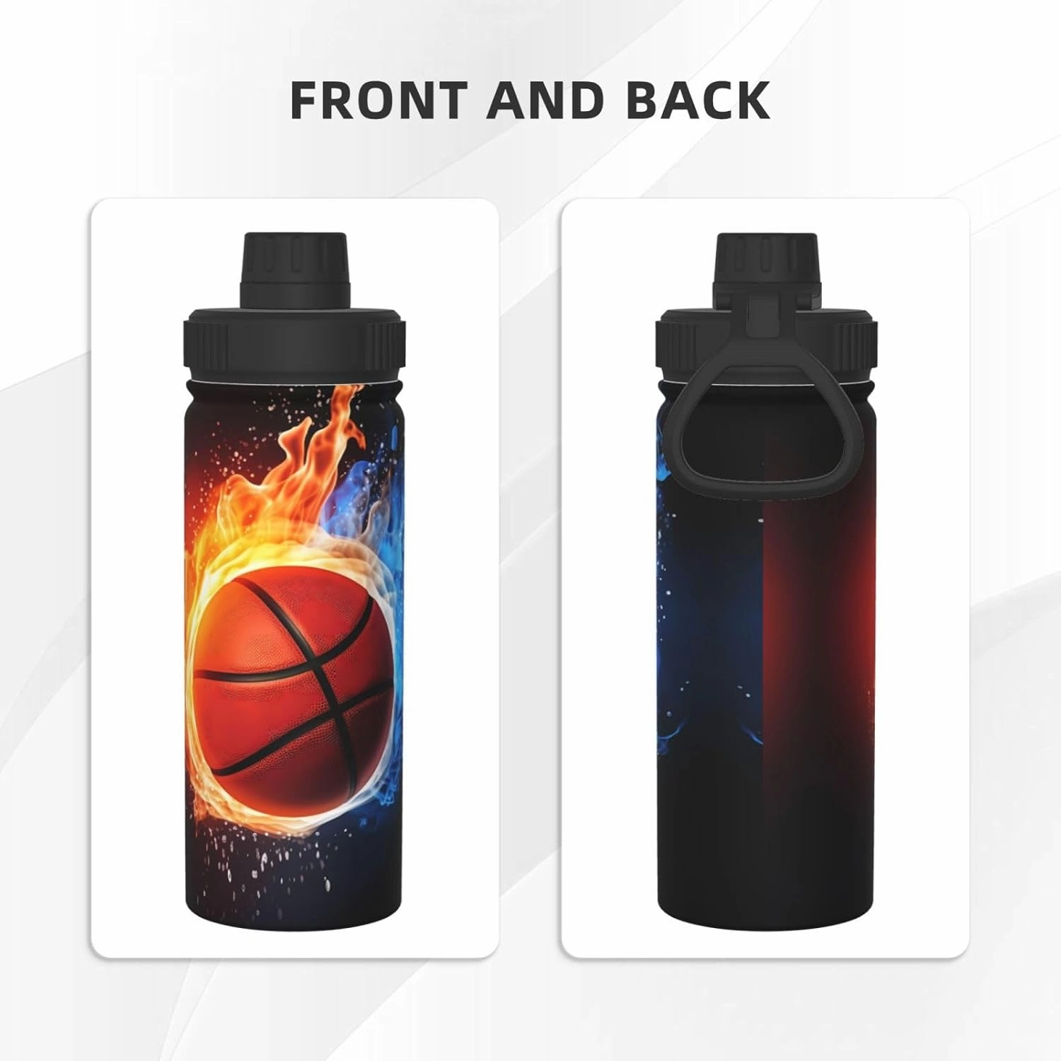 Basketball 18 oz Stainless Steel Water Bottles Insulated Sports Water Bottle with Spout Lid, Fire and Water Double Wall Travel Water Flask for Men Women