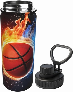 Basketball 18 oz Stainless Steel Water Bottles Insulated Sports Water Bottle with Spout Lid, Fire and Water Double Wall Travel Water Flask for Men Women