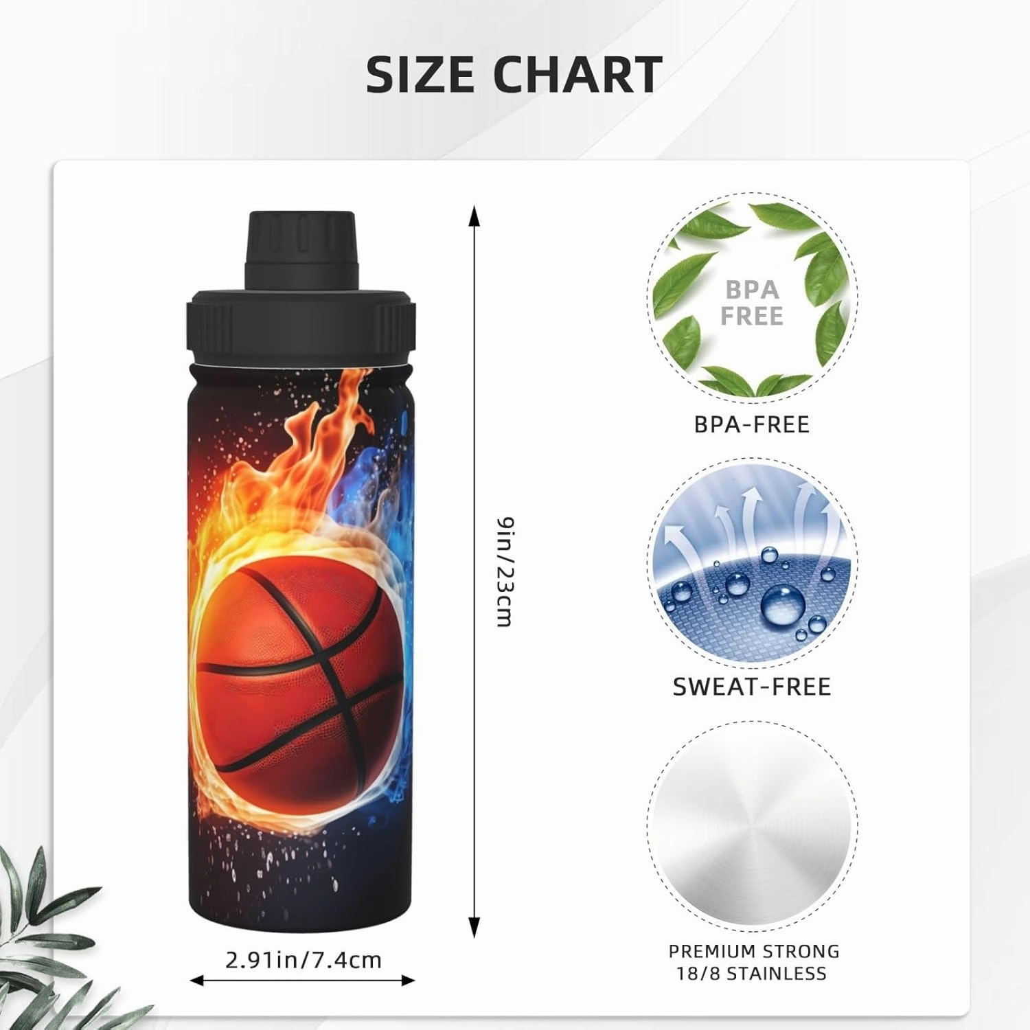 Basketball 18 oz Stainless Steel Water Bottles Insulated Sports Water Bottle with Spout Lid, Fire and Water Double Wall Travel Water Flask for Men Women
