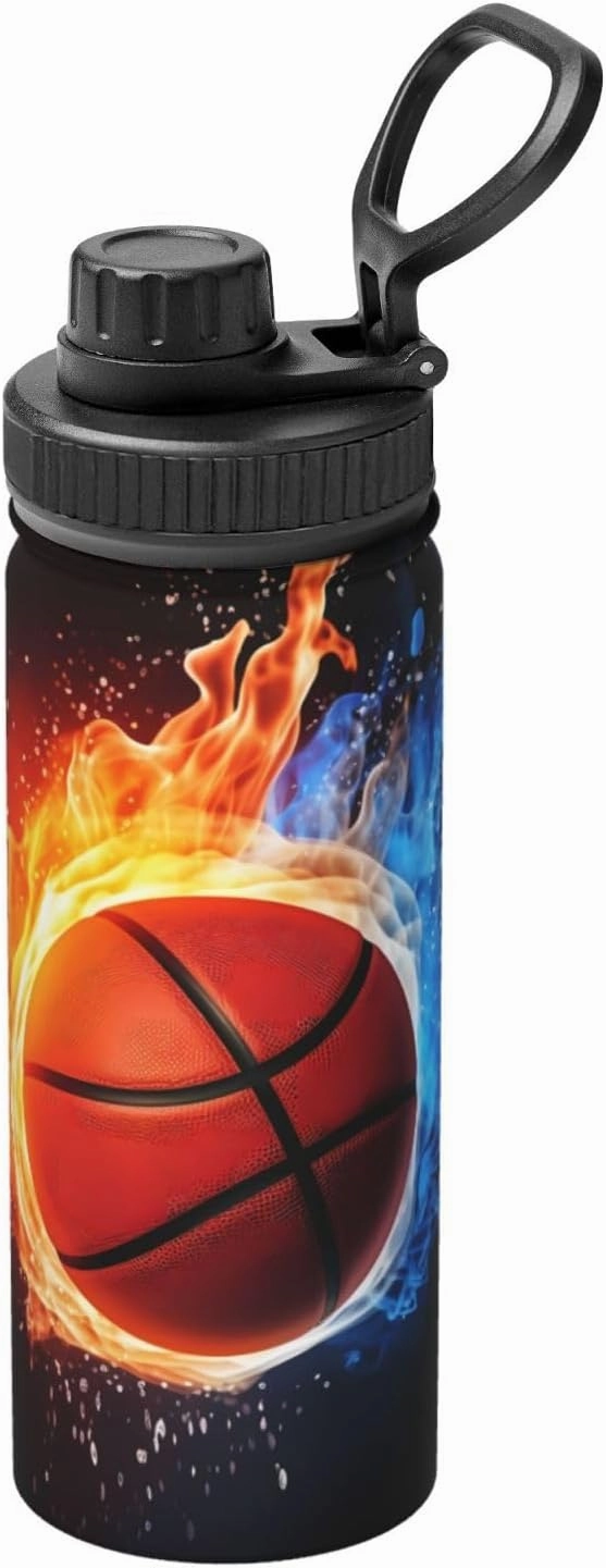 Basketball 18 oz Stainless Steel Water Bottles Insulated Sports Water Bottle with Spout Lid, Fire and Water Double Wall Travel Water Flask for Men Women