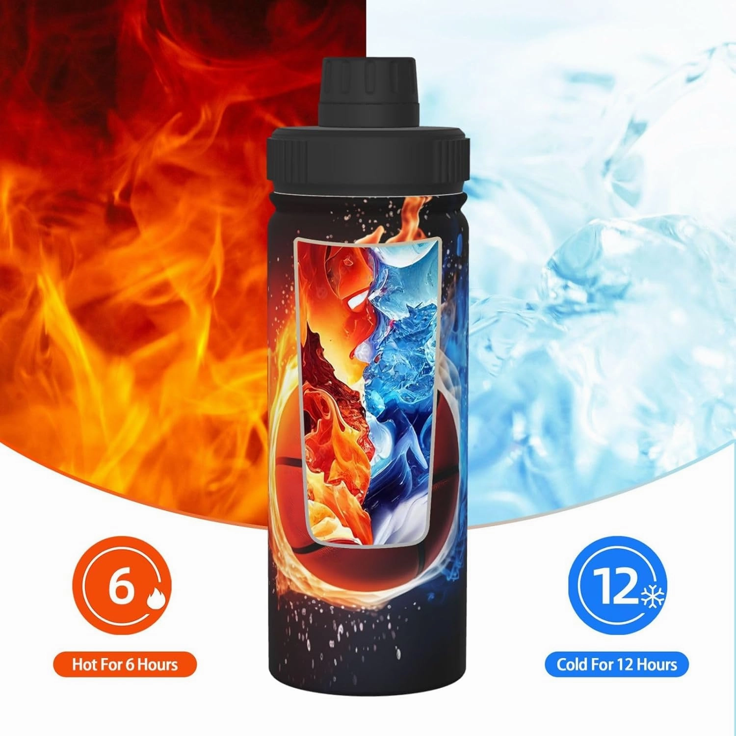 Basketball 18 oz Stainless Steel Water Bottles Insulated Sports Water Bottle with Spout Lid, Fire and Water Double Wall Travel Water Flask for Men Women