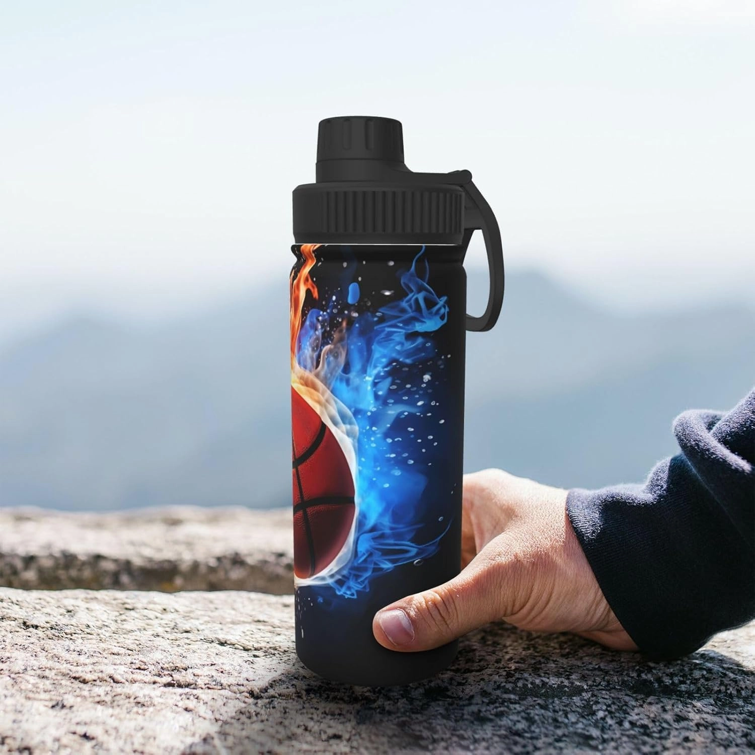 Basketball 18 oz Stainless Steel Water Bottles Insulated Sports Water Bottle with Spout Lid, Fire and Water Double Wall Travel Water Flask for Men Women