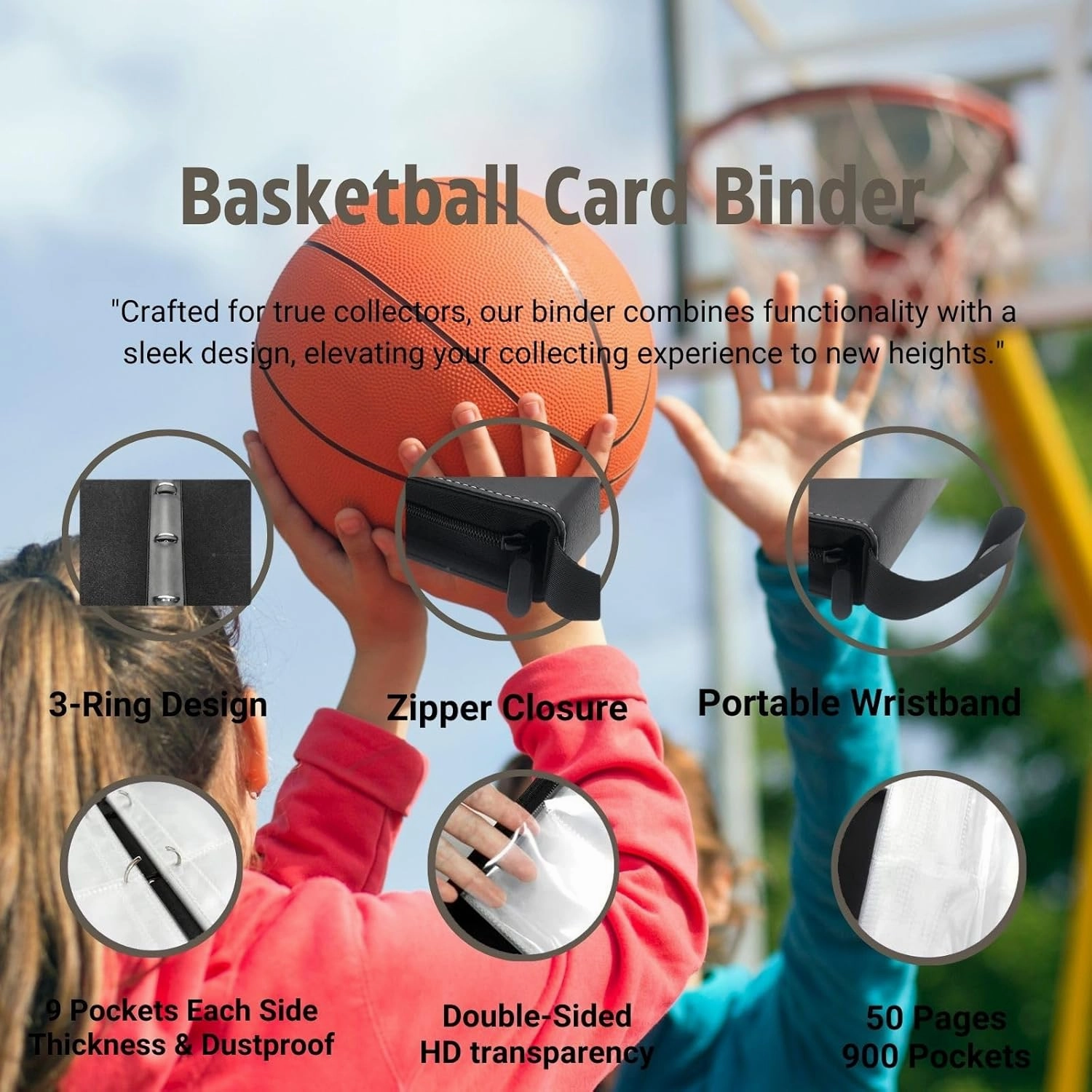 Basketball Card Binder 900 Pockets, Trading Card Binder Basketball Sports Card Holder with 50 Removable Sleeves, Double Sided Pocket Sport Card Collection PU Leather Collectible Trading Card Albums