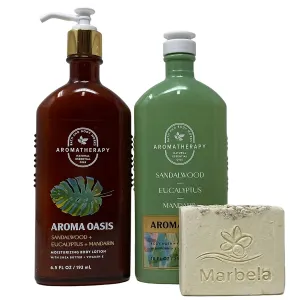 Bath & Body Works Aromatherapy Oasis Sandalwood Eucalyptus Mandarin Gift Set Moisturizing Body Lotion -Body Wash Foam Bath, with Natural Oats Artisan Bar Soap - Full Size.