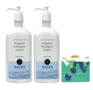 Bath & Body Works Aromatherapy Water Bergamot Lemongrass Juniper 2 Pack Body Lotion Gift Set Bundle with an Aloe Vera Bar Soap - Full Size
