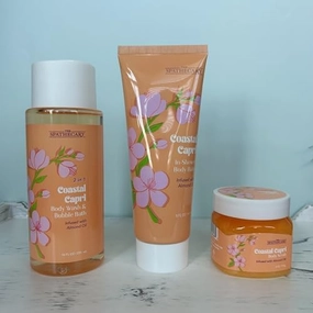 Bath & Body Gift Set – 3 Pc Skincare Bundle with Body Wash, Scrub & In-Shower Balm – Natural, Paraben-Free, Almond Oil Infused – Spa Gift for Women, Teens, & Self-Care (Full Size, Coastal Capri)