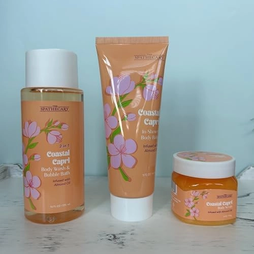 Bath & Body Gift Set – 3 Pc Skincare Bundle with Body Wash, Scrub & In-Shower Balm – Natural, Paraben-Free, Almond Oil Infused – Spa Gift for Women, Teens, & Self-Care (Full Size, Coastal Capri)