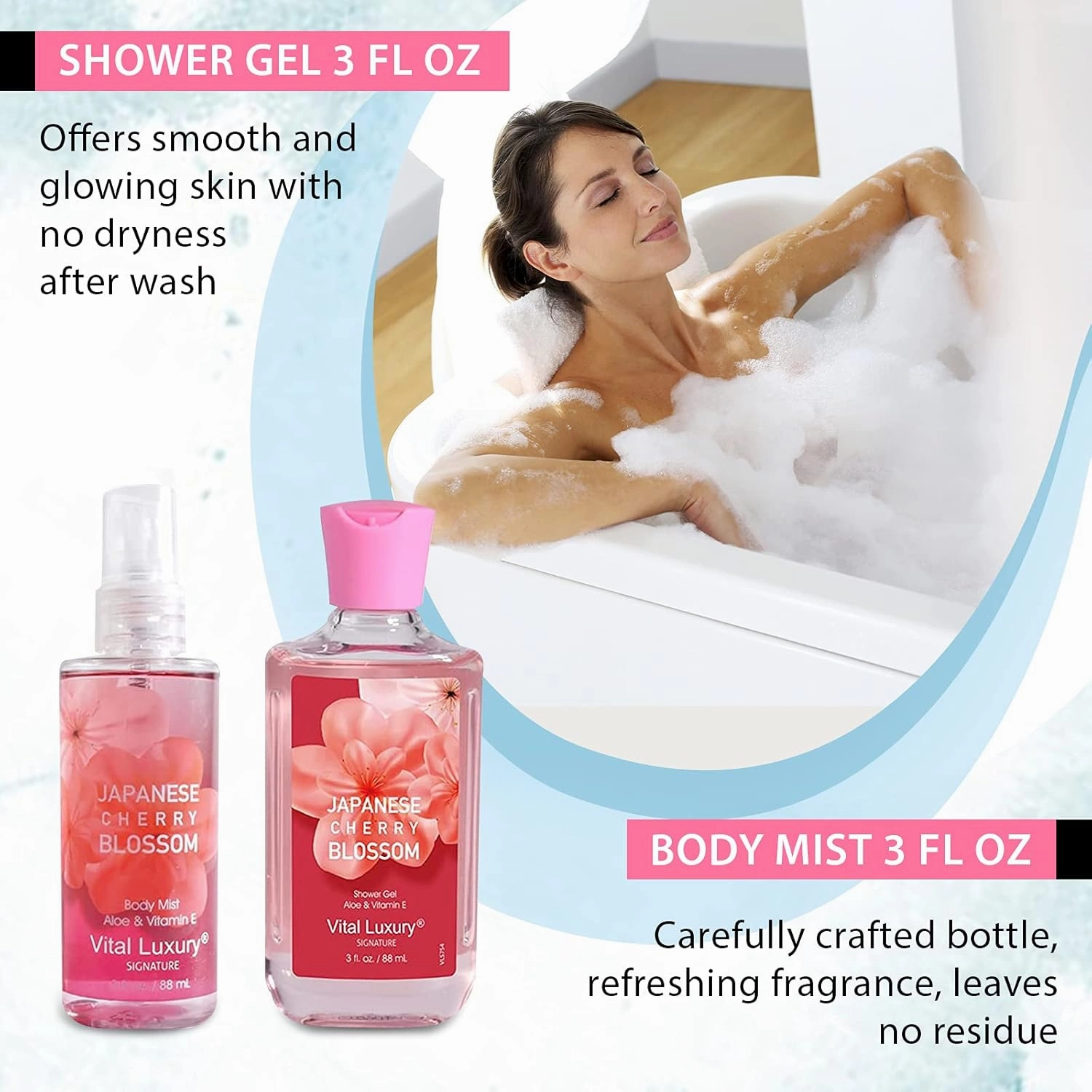 Bath & Body Kit, 3 Fl Oz Travel Size, Ideal Skincare Relaxing Home Spa Set, Includes Body Lotion, Shower Gel, Body Cream, and Fragrance Mist, Bath Gifts for Her and Him (Japanese Cherry