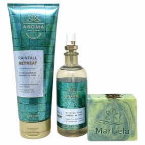 Bath & Body Works Aroma Rainfall Retreat Body Cream and Essential Oil Mist Set with a Fresh Forest Bar Soap - Full Size