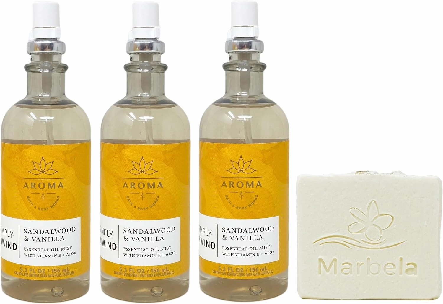 Bath & Body Works Aroma Simply Unwind Sandalwood & Vanilla 3 Pack Essential Oil Mist Bundle with a Natural Oats Bar Soap