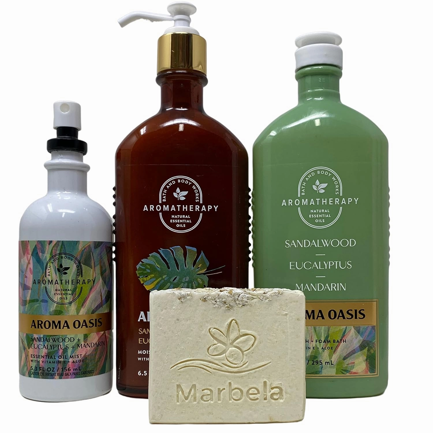 Bath & Body Works Aromatherapy Oasis Sandalwood Eucalyptus Mandarin Gift Set - Body Wash   Foam Bath, Moisturizing Body Lotion , Essential Oil Mist with Artisan Bar Soap Natural Oats - Full Size.