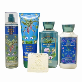 Bath & Body Works Fresh Jungle Rain 4 Piece Gift Set - Fragrance Mist - Body Cream - Shower Gel - Body Lotion - with a Natural Oats Bar Soap - Full Size