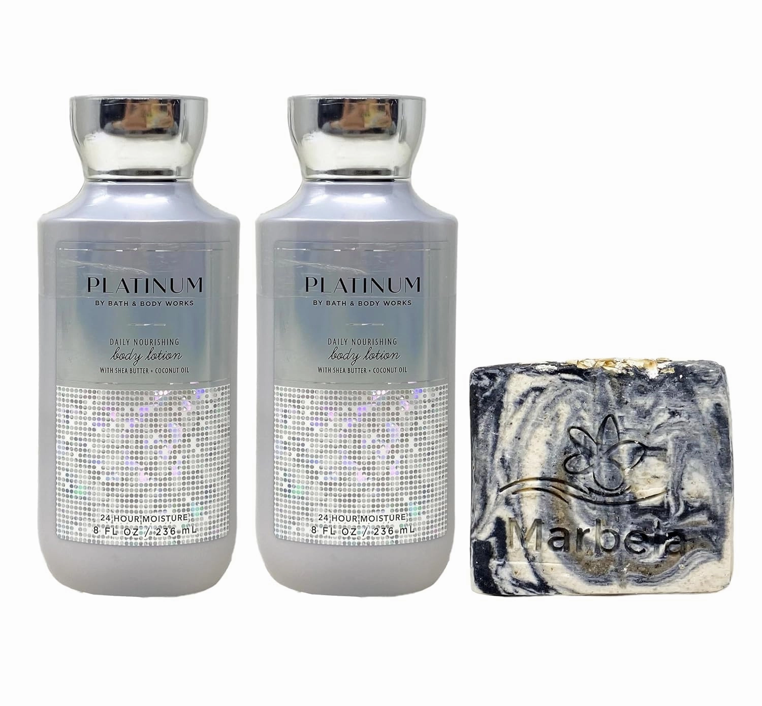 Bath & Body Works Platinum 2 Pack Daily Nourishing Body Lotion Set with a Charcoal Scrub Bar Soap - Full Size