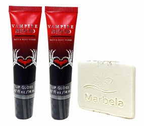 Bath & Body Works Vampire Blood Lip Gloss 2 Piece Set with a Natural Oats Sample Soap