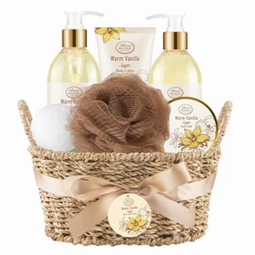 Bath and Body Warm Vanilla Sugar Spa Gifts for Women, with Shower Gel, Bubble Bath, Body Lotion, Bath Bomb, Bath Salt, Spa Basket Gift Set for Women, 7pcs Set Gifts