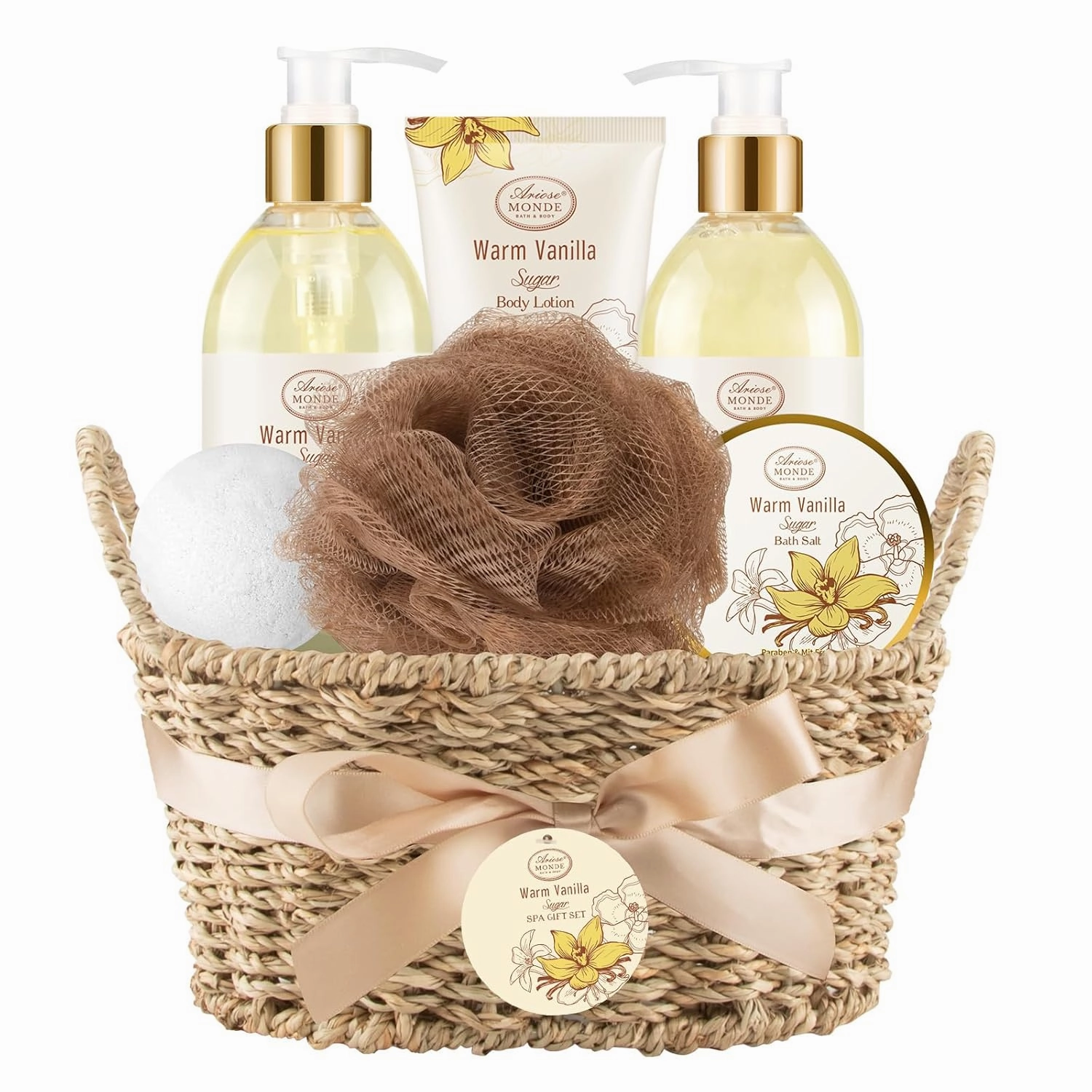 Bath and Body Warm Vanilla Sugar Spa Gifts for Women, with Shower Gel, Bubble Bath, Body Lotion, Bath Bomb, Bath Salt, Spa Basket Gift Set for Women, 7pcs Set Gifts