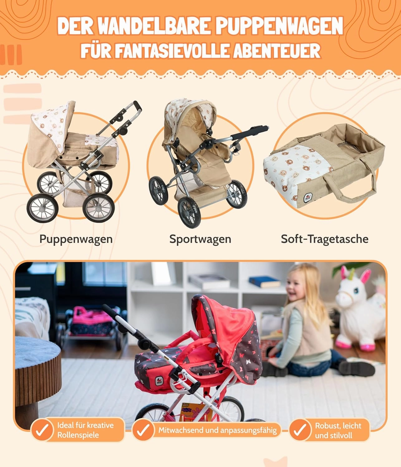 Bayer Chic 2000® Leni 3-in-1 Combination Doll's Pram - Beige Bear - Foldable, Height-Adjustable Handle 43-67 cm, Carry Bag - Dolls up to 46 cm, from 3 Years